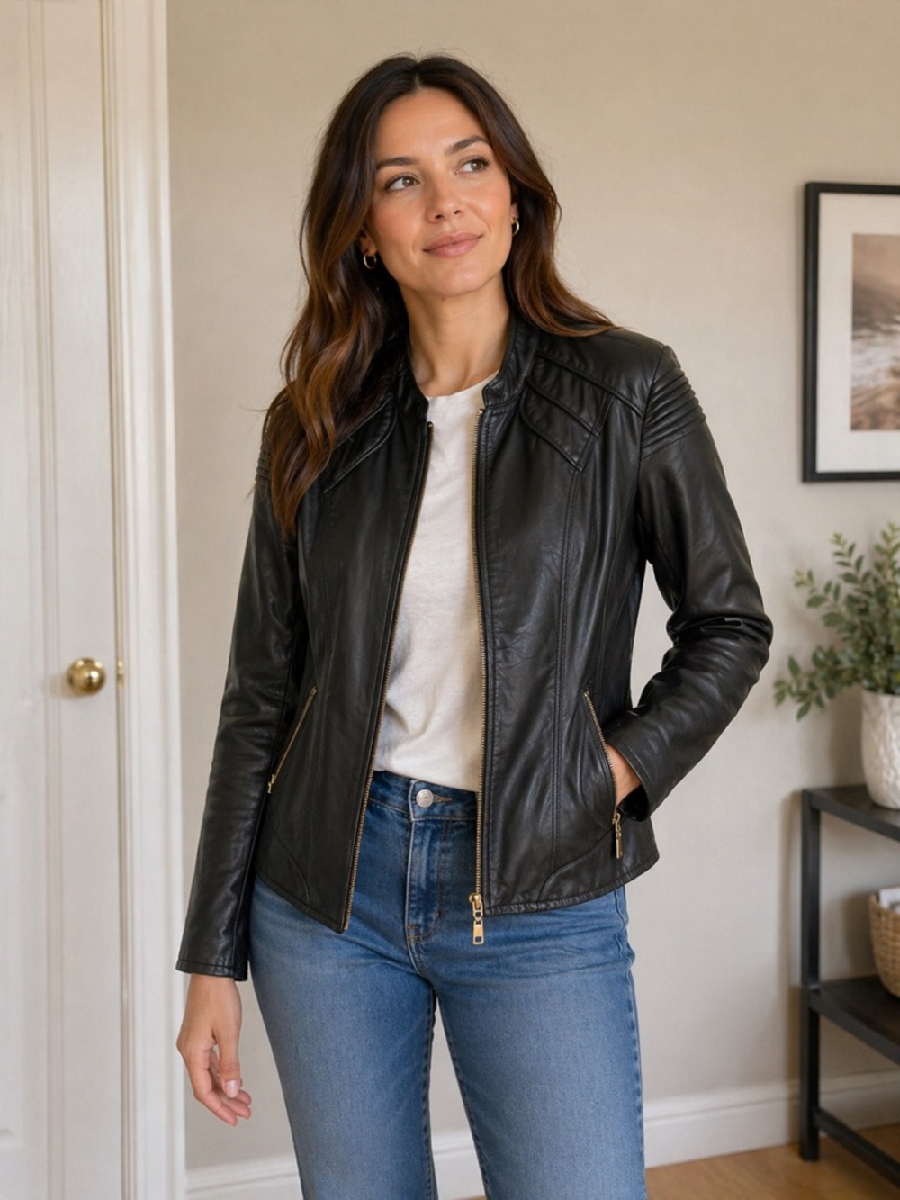 Cleo Black faux Leather Moto-Style Jacket with Gold Zippers